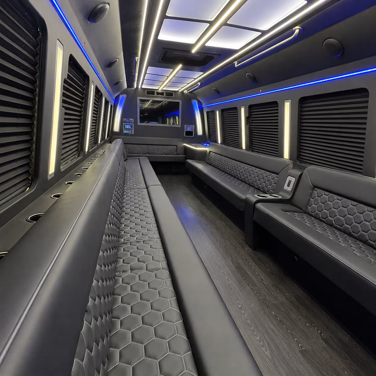 Wedding guests seated inside a party bus serving Carlsbad